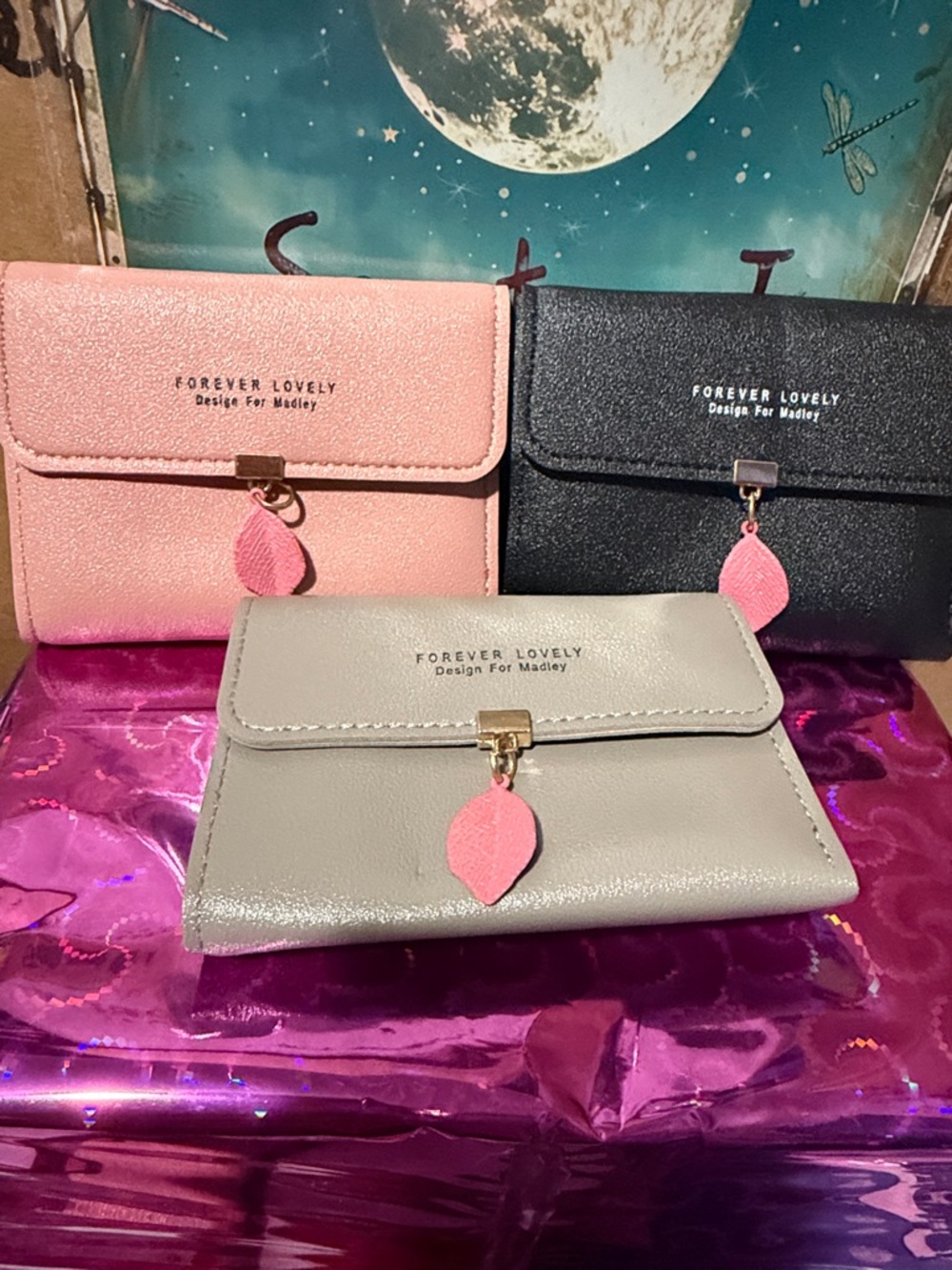 Forever Lovely Women's Tri Fold Key & Card Holder - Pink, Black, Gray Nwot